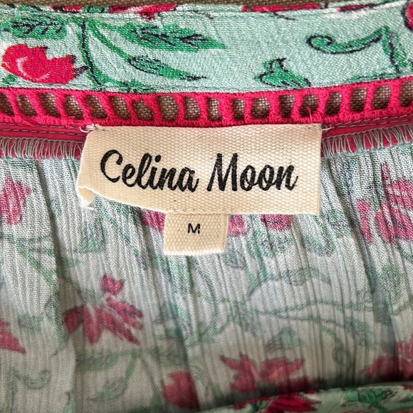 Celina Moon Green Pink Floral Crochet Lace Trimmed Tiered Crinkly Mini Dress - M - Picture 9 of 12